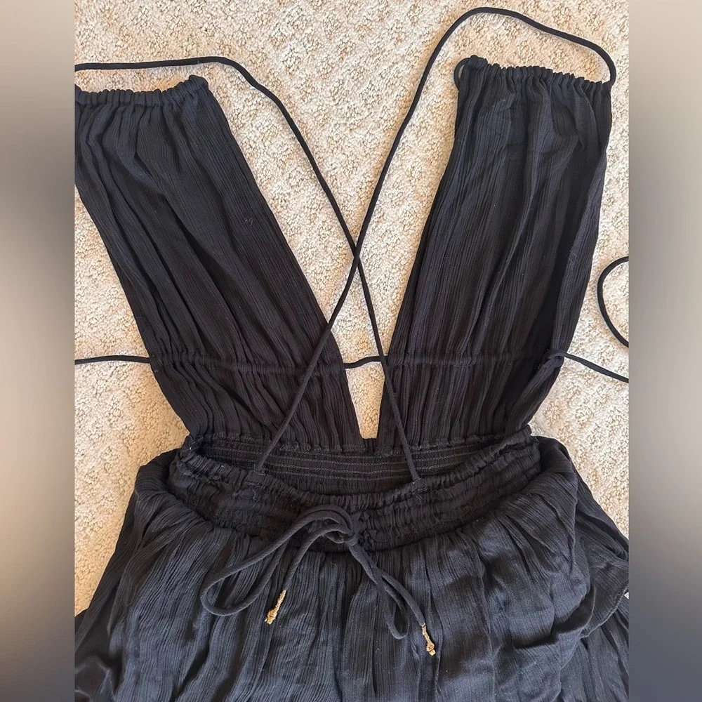 Free People Black Boho Maxi Dress Smocked Waist Short Sleeve Size S - Picture 6 of 8